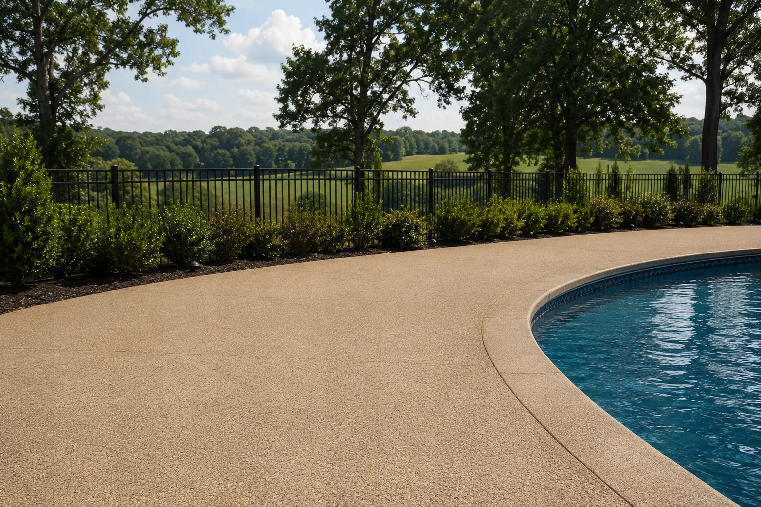Residential pool deck with textured tan quartz broadcast coating beside a swimming pool